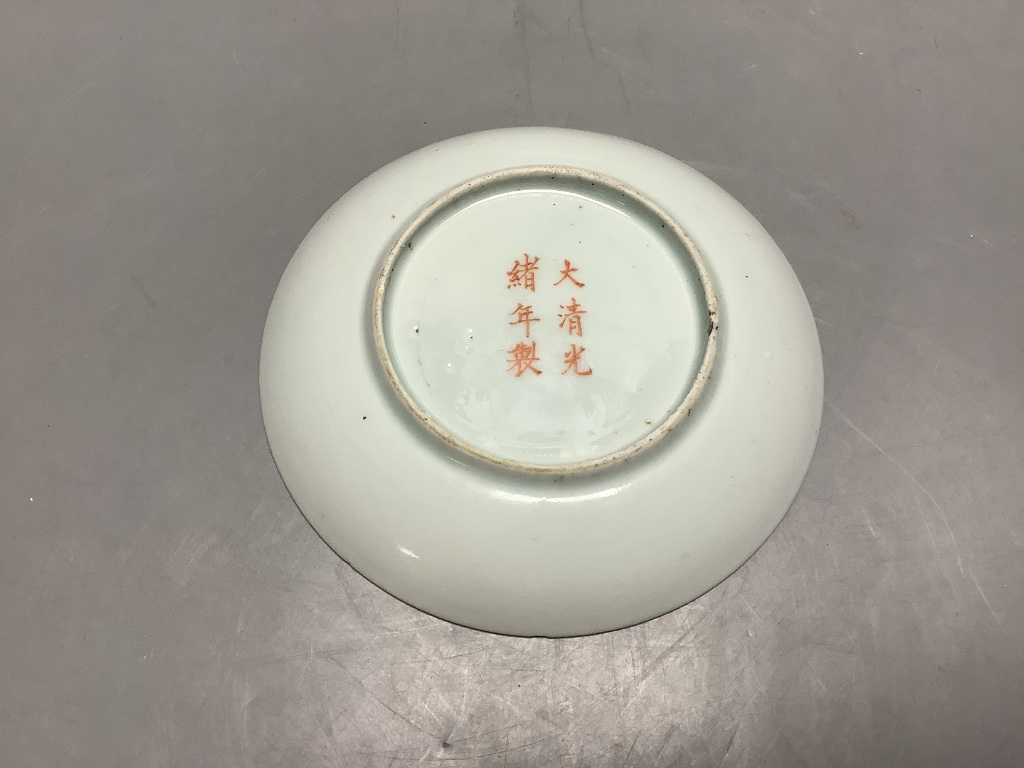 A Chinese green enamelled 'bamboo' saucer dish, diameter 14.5cm